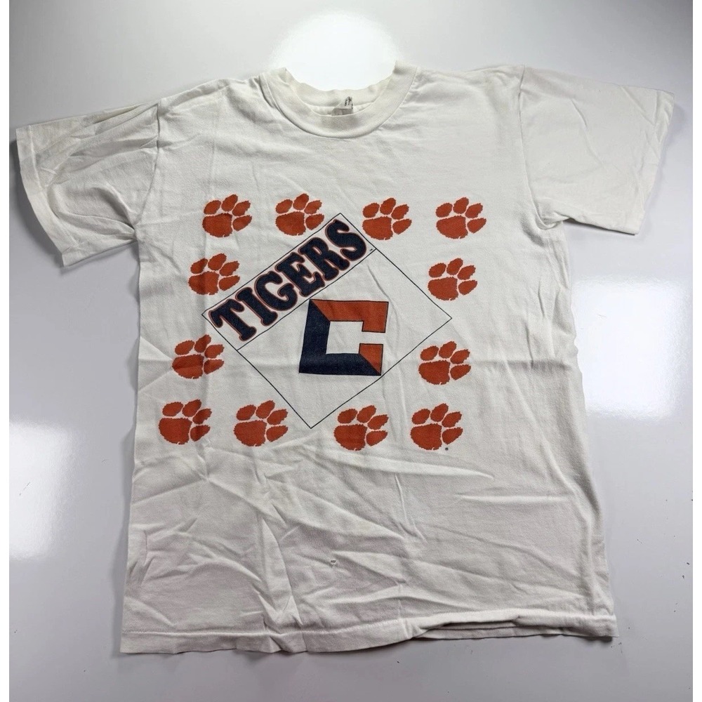 Vintage‎ Clemson Tigers T-Shirt Cotton Exchange 80s 90s Paw Print Logo M White